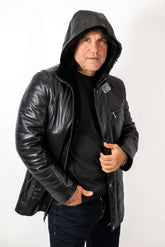 Men's leather coat Boris with hood Black